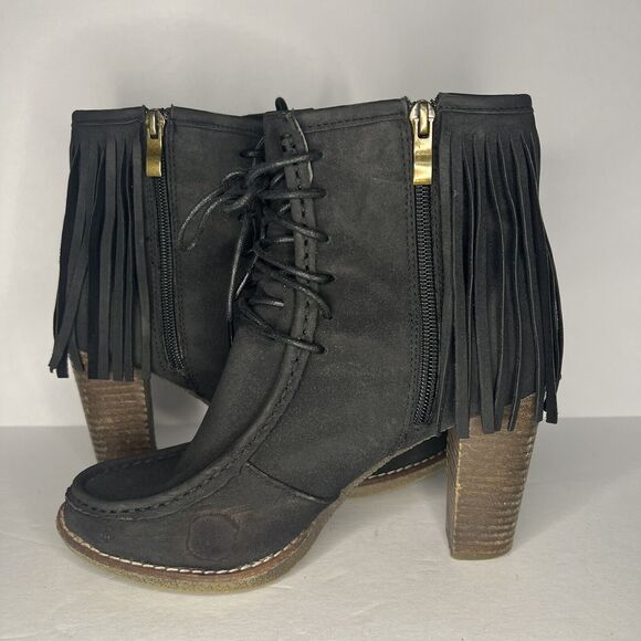 Bucco Black Fringe Block Heel Side Zip Booties Size 8 - Picture 7 of 9